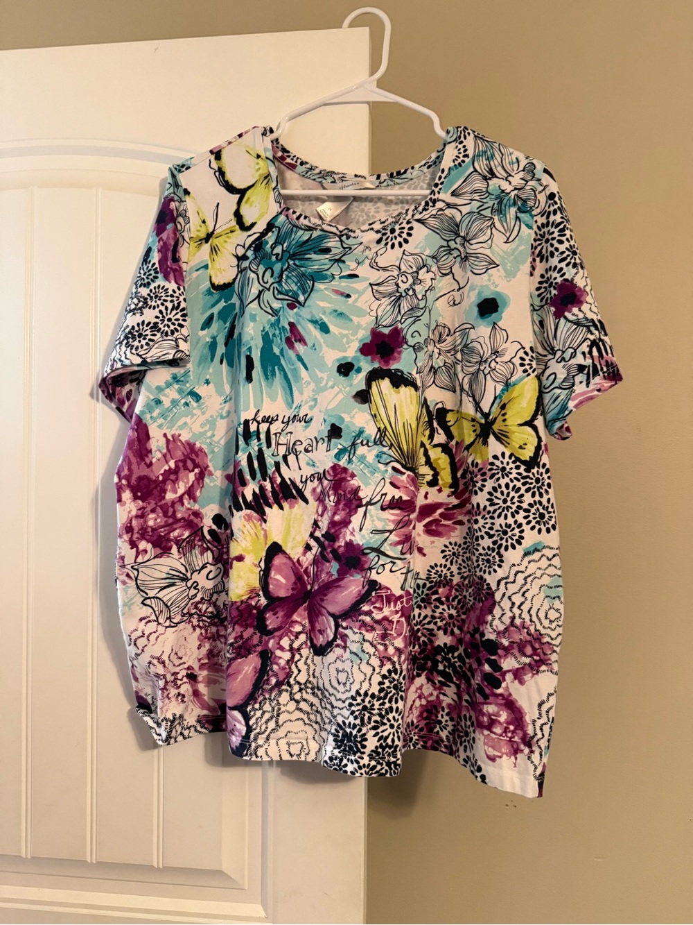 CJ Banks White Short Sleeve Tee with Multicolor Floral & Butterfly Print
